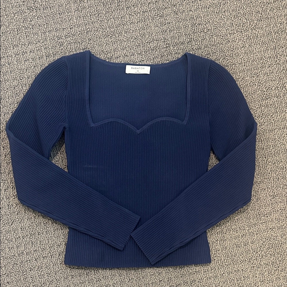 Aritzia Sculpt Knit Sweetheart Longsleeve - Ribbed Navy Blue Long Sleeve Top